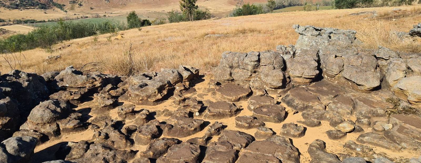 Excavated stone structures in dry grassland